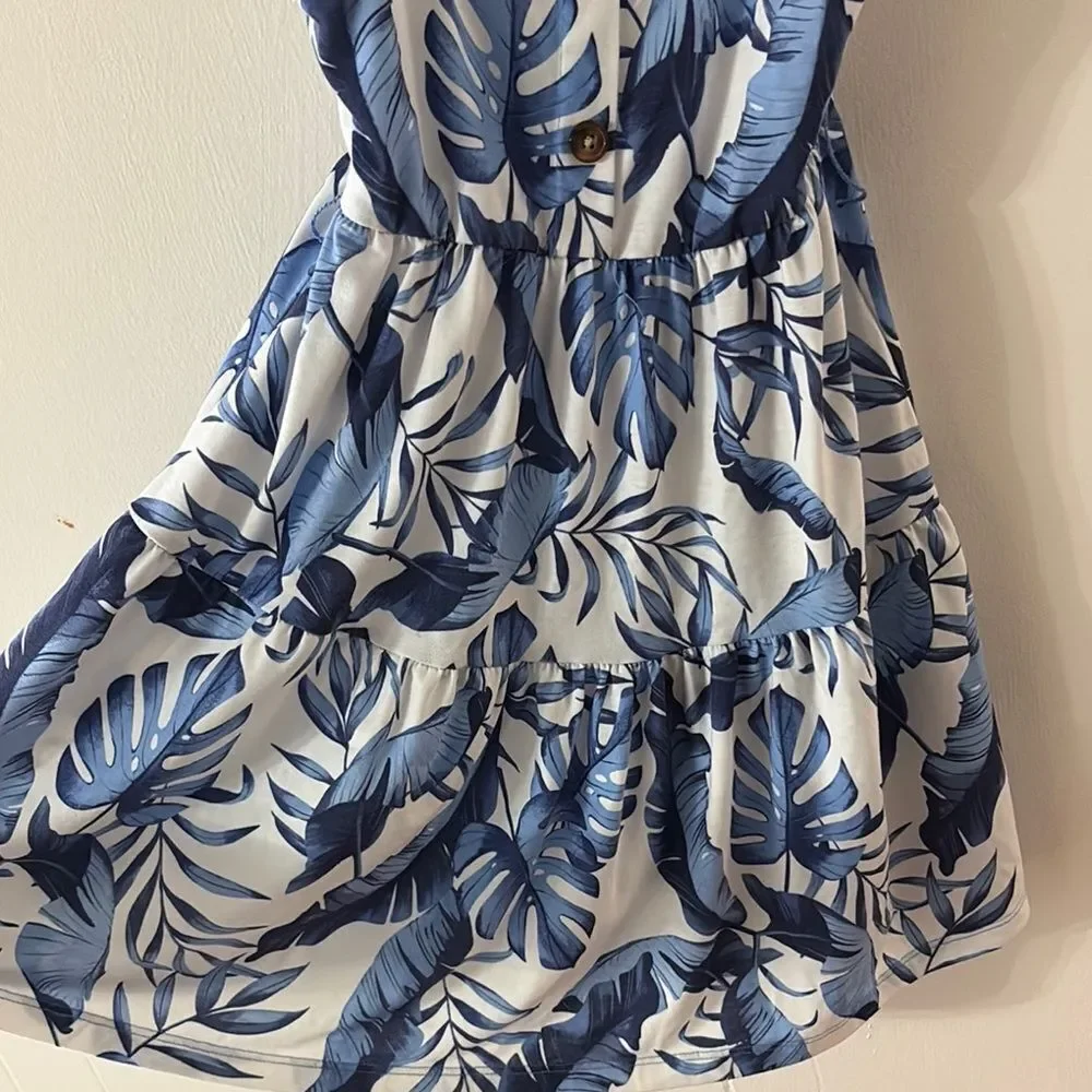 Blue and White Leaf Print Kids Dress